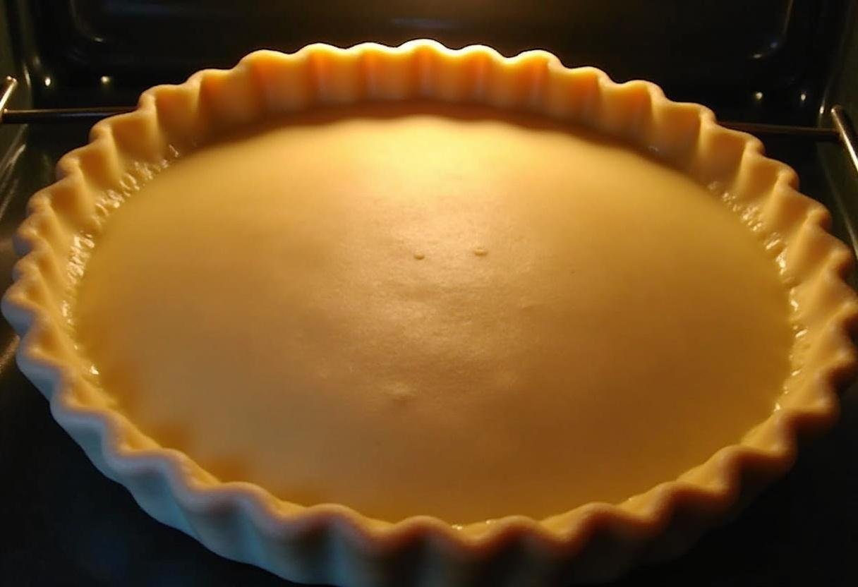 La croûte de la tarte aux pommes et crème est en train d'être cuite à blanc dans le four, montrant les bords dorés à travers la porte en verre.