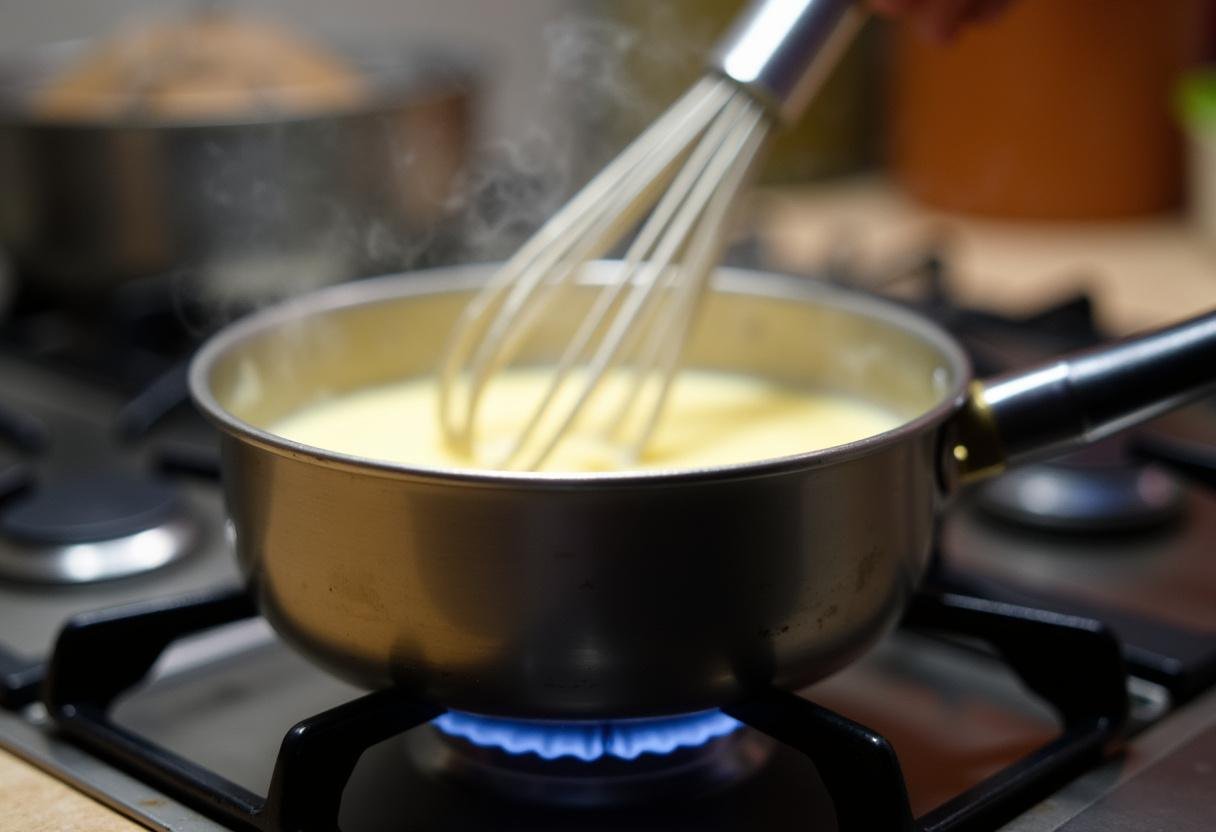 La crème pâtissière pour la tarte aux pommes mijote doucement sur la cuisinière, avec de la vapeur s'élevant pendant que le fouet mélange les ingrédients.