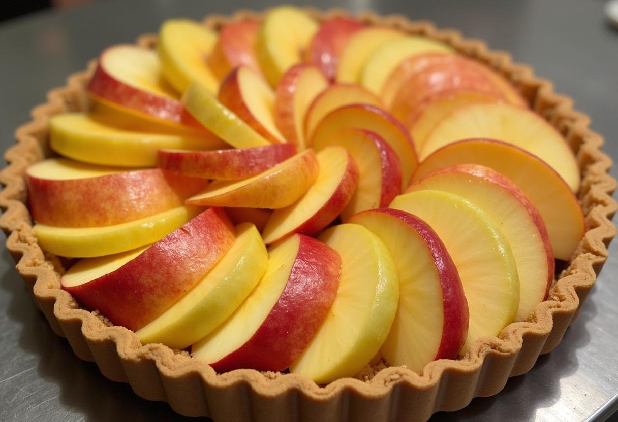Des tranches de pommes fraîches sont disposées délicatement sur la croûte de la tarte aux pommes et crème, créant un contraste coloré.