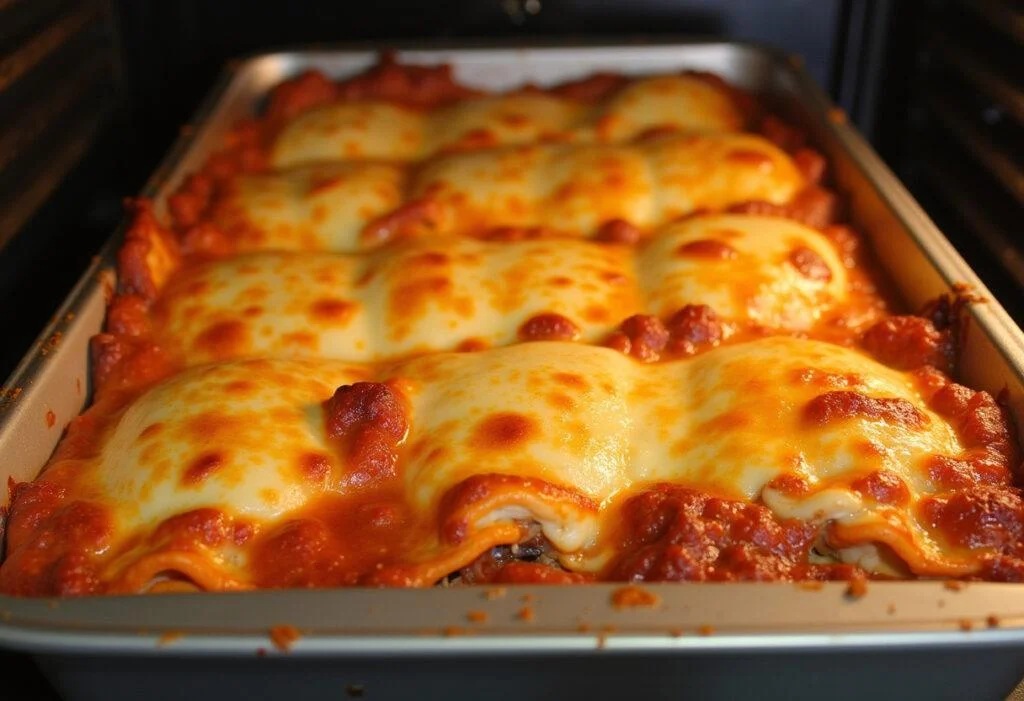 Lasagnes dorées et bouillonnantes sortant du four, le résultat parfait après avoir respecté le temps de cuisson des lasagne.