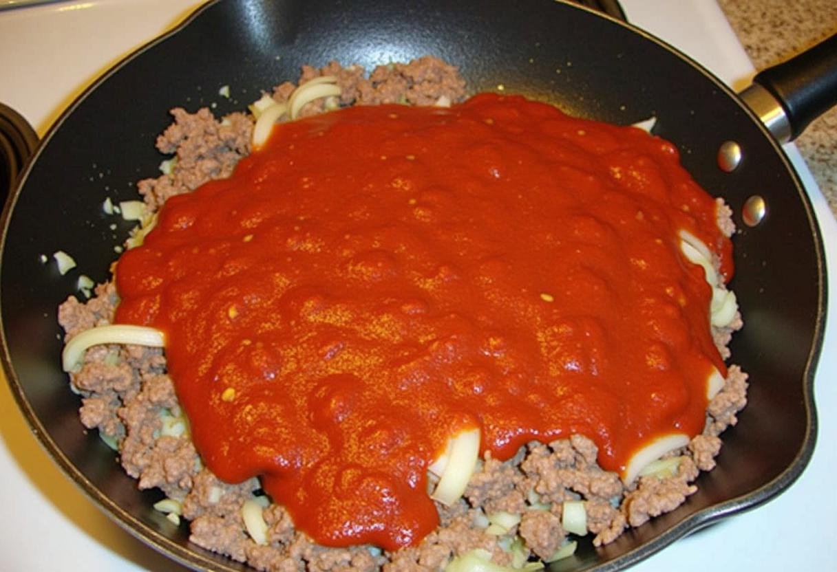 Cuisson de la viande hachée avec des oignons et de l'ail dans une grande poêle, une étape importante pour le temps cuisson lasagne au four.