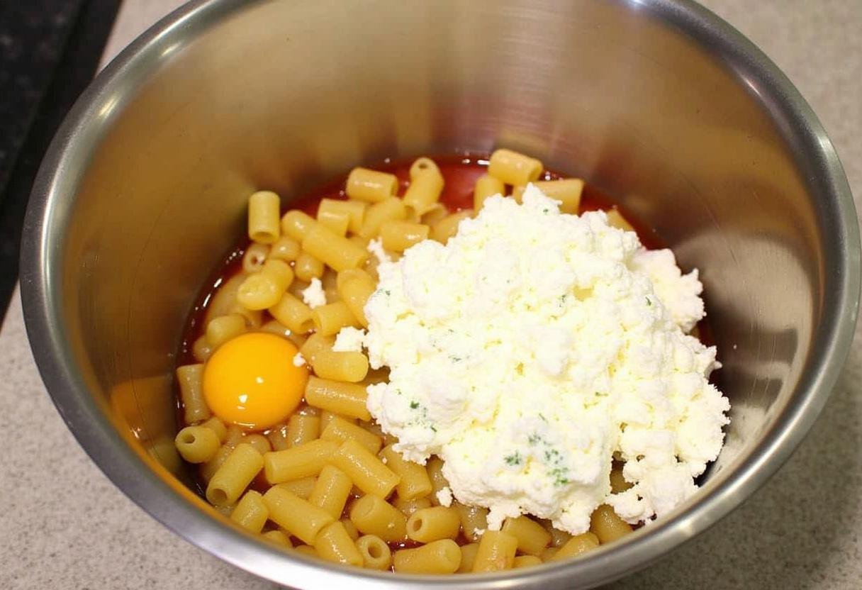 Mélange de fromage ricotta, d'œuf et d'herbes dans un bol, étape cruciale pour la cuisson des lasagnes au four.