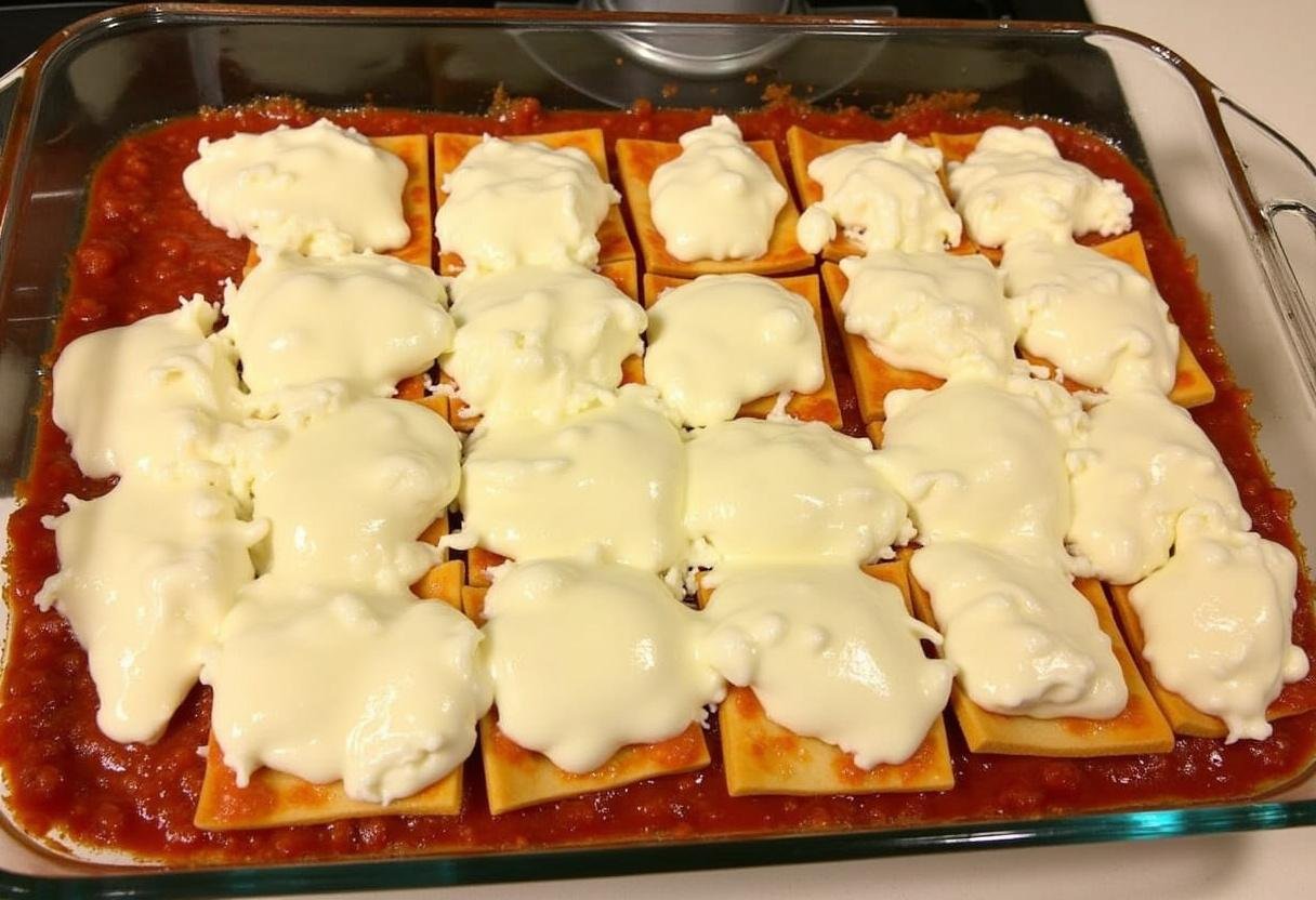 Montage des lasagnes dans un plat de cuisson avec sauce, feuilles de lasagne et mozzarella, crucial pour le temps cuisson lasagne four chaleur tournante.