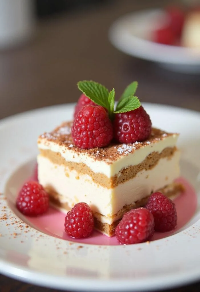 Tiramisu Framboise Léger et Fruité fini, présenté avec des framboises fraîches et des feuilles de menthe.