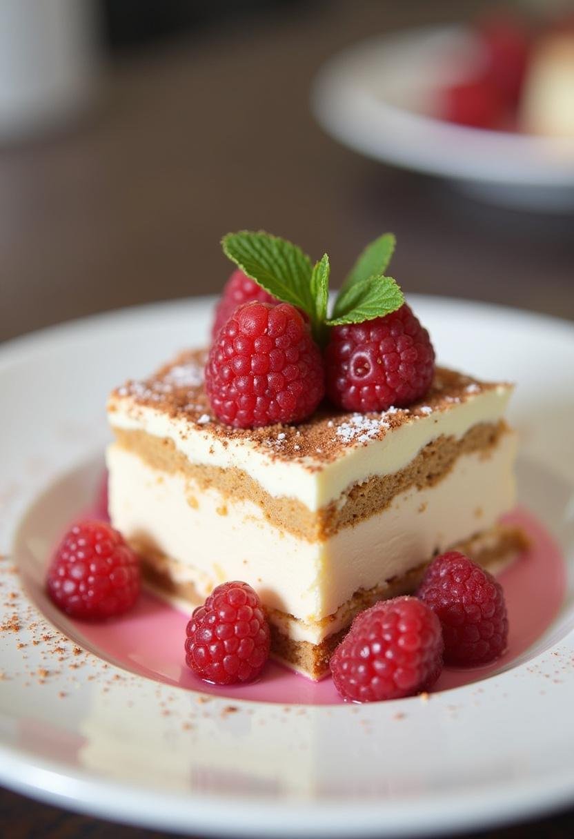 Tiramisu Framboise Léger et Fruité fini, présenté avec des framboises fraîches et des feuilles de menthe.