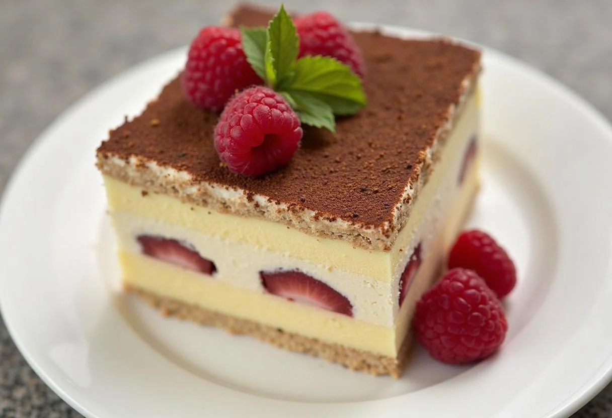 Tiramisu Framboise Léger et Fruité fini, présenté avec des framboises fraîches et des feuilles de menthe.