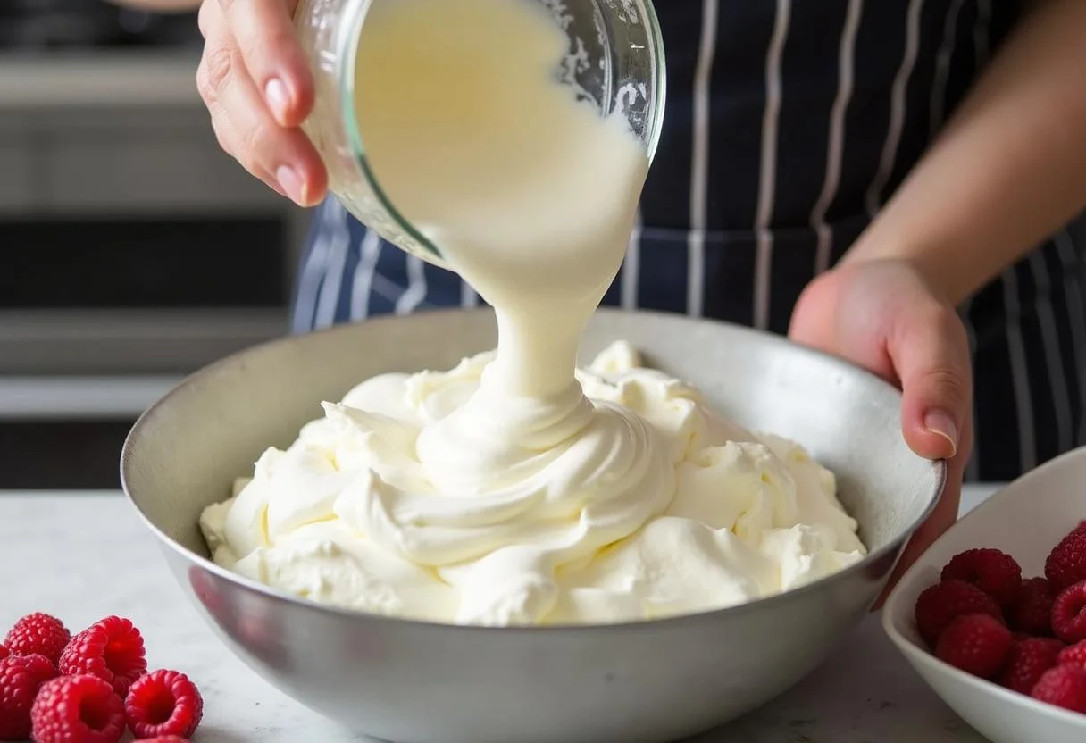 Incorporation de la crème fouettée dans le mascarpone pour le Tiramisu Framboise Léger et Fruité.