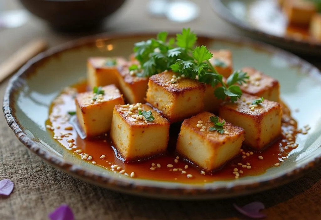 Plat final de tofu mariné à la sauce soja, gingembre et sésame, harmonieusement présenté avec des herbes fraîches et des graines de sésame.