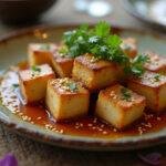 Plat final de tofu mariné à la sauce soja, gingembre et sésame, harmonieusement présenté avec des herbes fraîches et des graines de sésame.