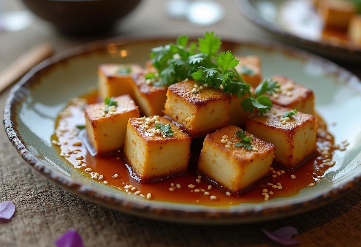 Plat final de tofu mariné à la sauce soja, gingembre et sésame, harmonieusement présenté avec des herbes fraîches et des graines de sésame.