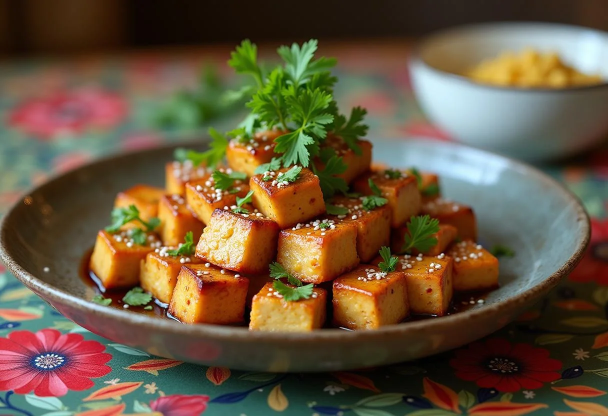 Plat final de tofu mariné à la sauce soja, gingembre et sésame, harmonieusement présenté avec des herbes fraîches et des graines de sésame.