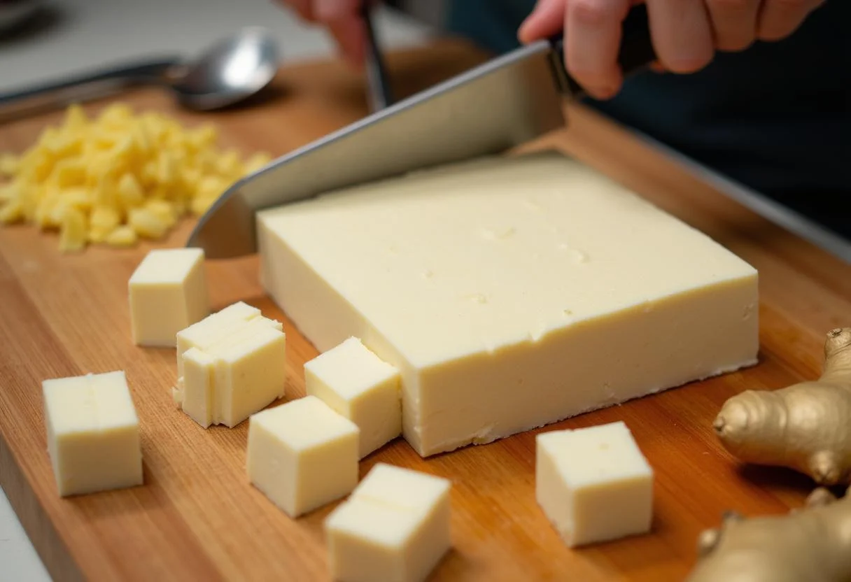 Cube de tofu ferme sur une planche de bois, prêt à être mariné dans une recette de tofu mariné avec sauce soja, gingembre, et sésame.