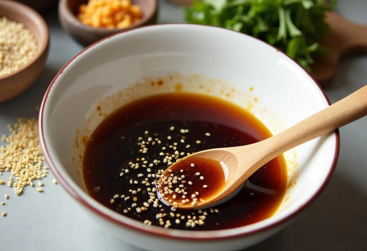 Bol de mélange avec de la sauce soja, du gingembre haché et de l'huile de sésame, ingrédients pour la marinade de tofu mariné.
