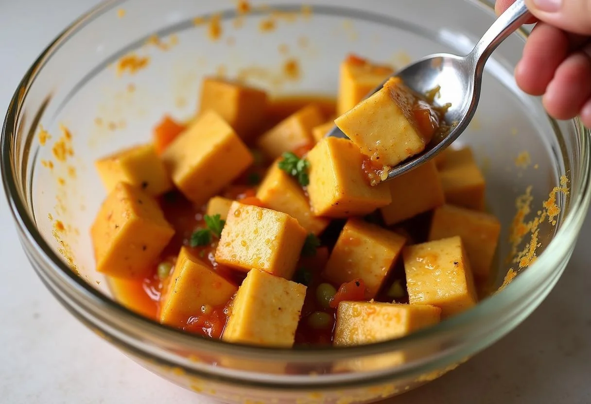 Tofu mariné dans un bol avec la marinade à base de sauce soja et de gingembre, une étape essentielle pour réussir la recette de tofu mariné.