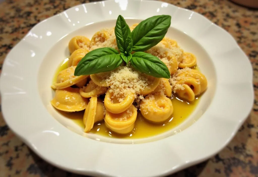 Présentation finale des tortellini farcis à la ricotta et aux épinards, servis avec du parmesan et du basilic. Recette de pâtes remarquablement savoureuse.