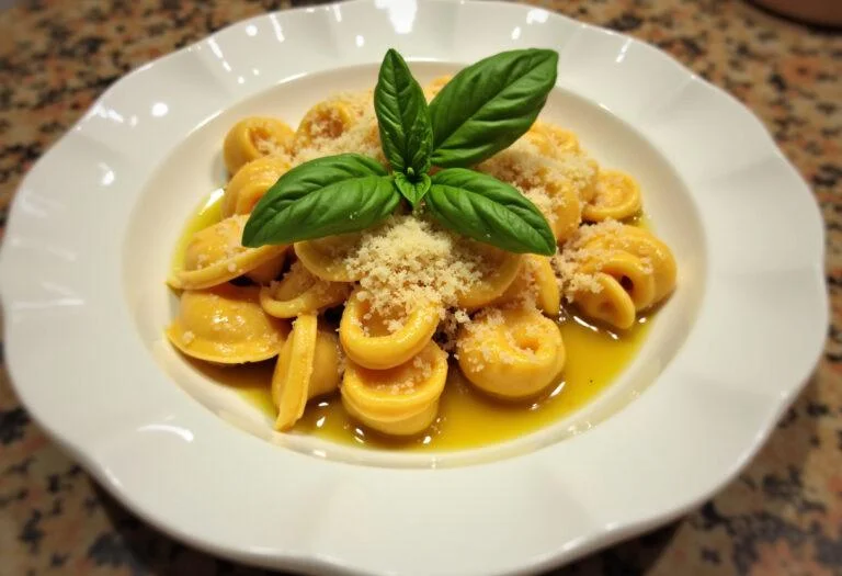Présentation finale des tortellini farcis à la ricotta et aux épinards, servis avec du parmesan et du basilic. Recette de pâtes remarquablement savoureuse.