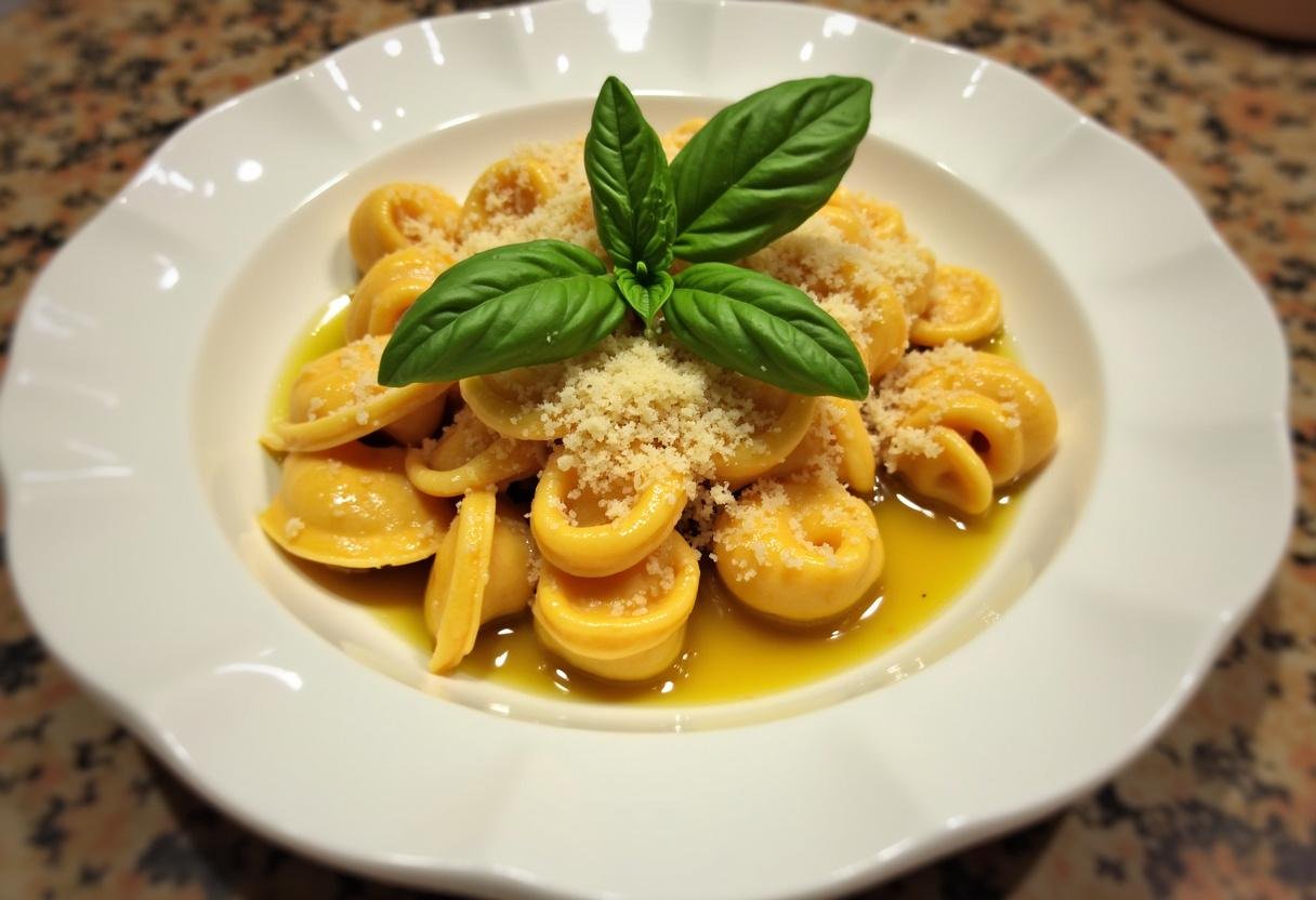 Présentation finale des tortellini farcis à la ricotta et aux épinards, servis avec du parmesan et du basilic. Recette de pâtes remarquablement savoureuse.