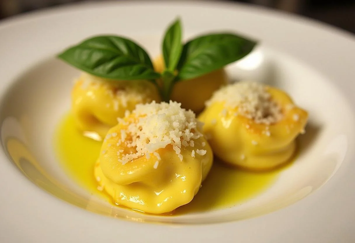Présentation finale des tortellini farcis à la ricotta et aux épinards, servis avec du parmesan et du basilic. Recette de pâtes remarquablement savoureuse.