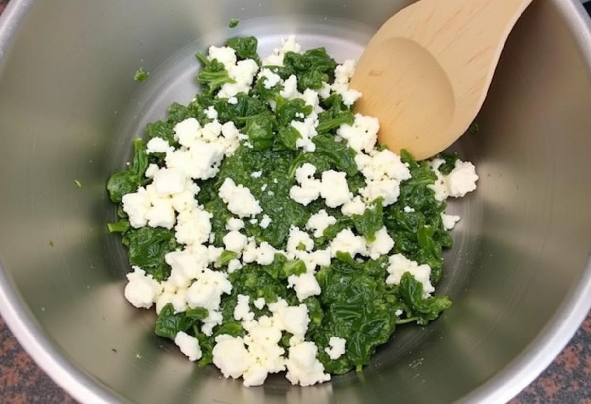 Préparation de la garniture avec du fromage ricotta frais et des épinards. Recette tortellini ricotta épinard, mélange savoureux pour pâtes farcies.