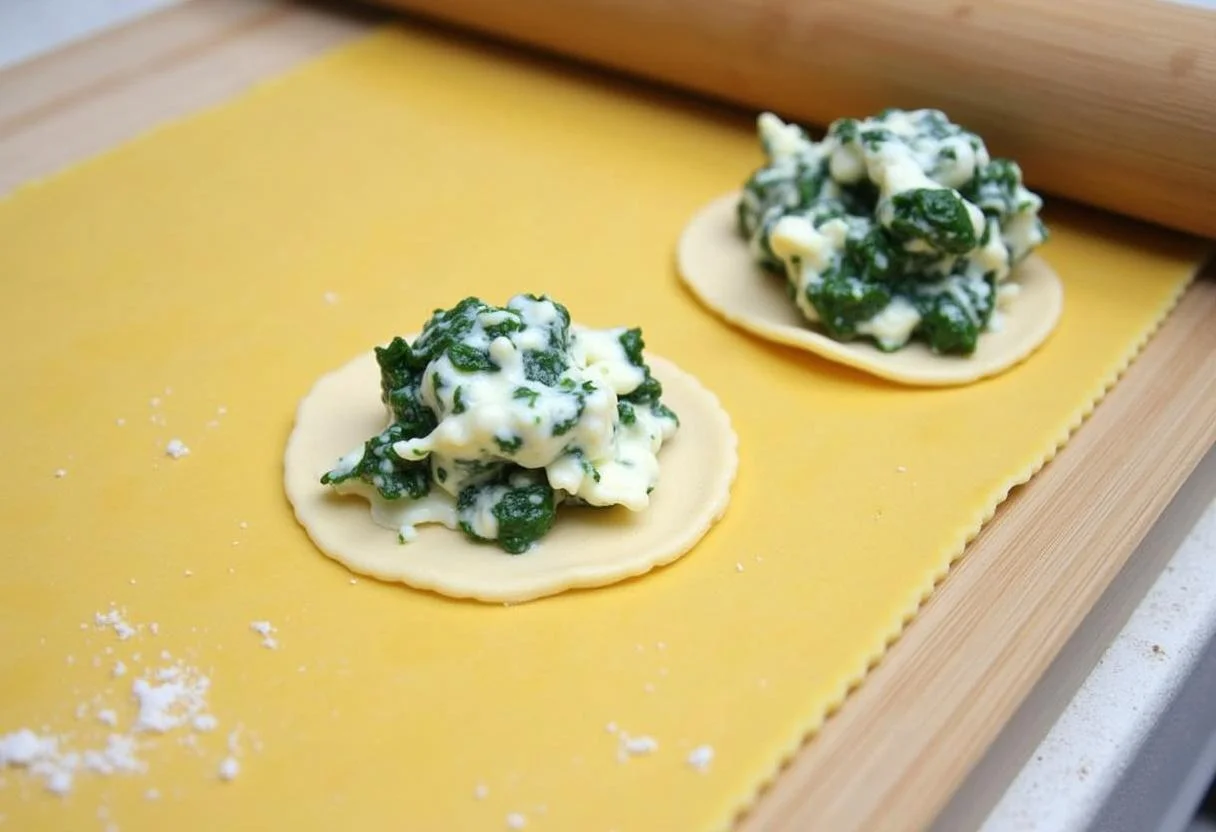 Étaler la pâte à pâtes fraîche en fines feuilles pour faire des tortellini. Recette de pâtes tortellini épinard et ricotta, préparation essentielle.