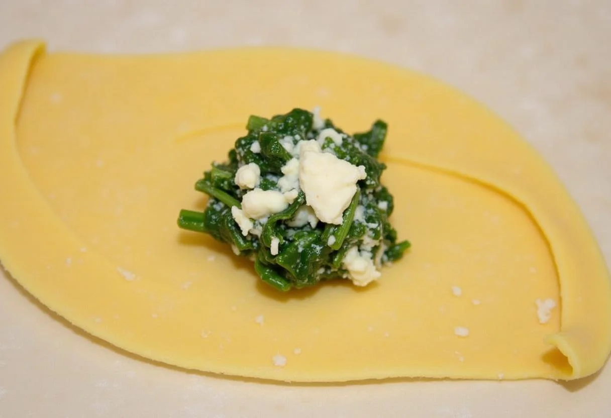 Farcir les cercles de pâtes avec le mélange ricotta-épinard pour former des tortellini. Plat végétarien délicieux et riche.