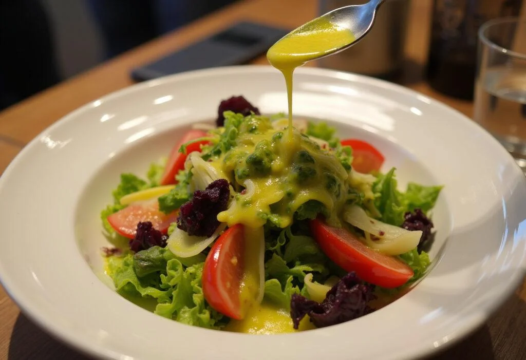 Salade colorée avec vinaigrette acidulée au citron, parfaitement présentée pour impressionner.
