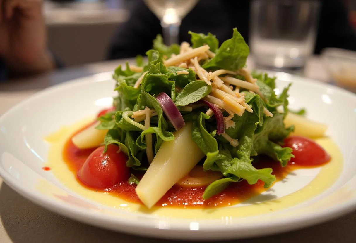 Salade colorée avec vinaigrette acidulée au citron, parfaitement présentée pour impressionner.