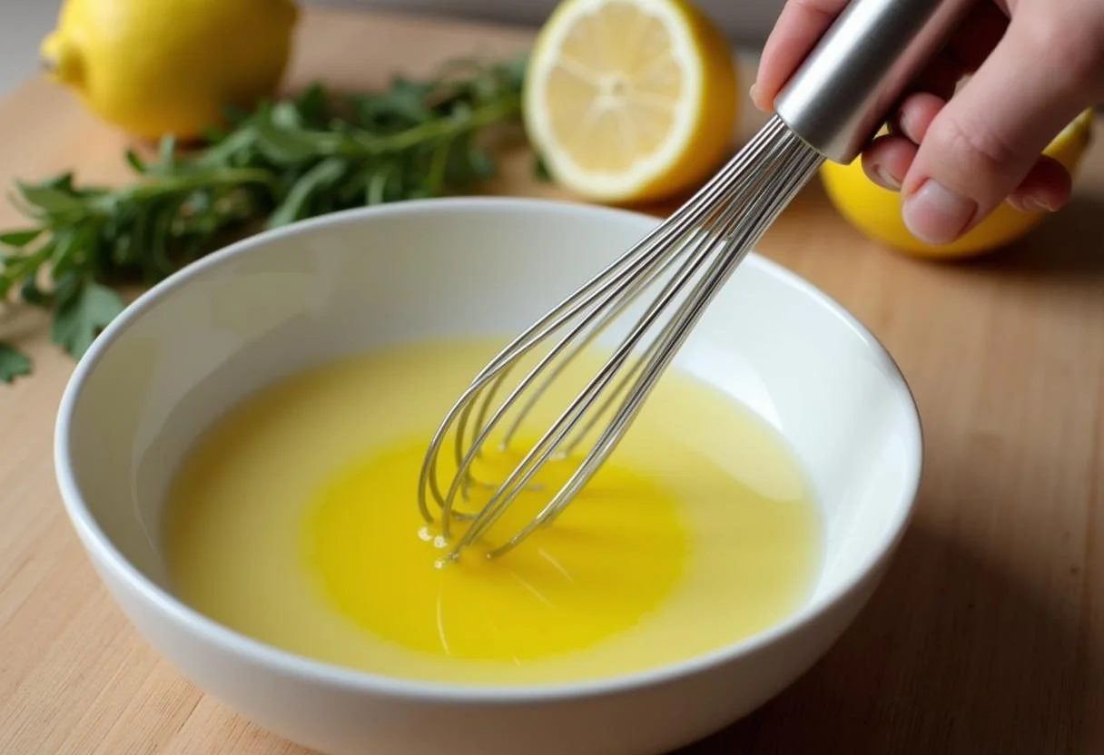 Ajout de l'huile d'olive dans la vinaigrette citronnée pour une émulsion parfaite.