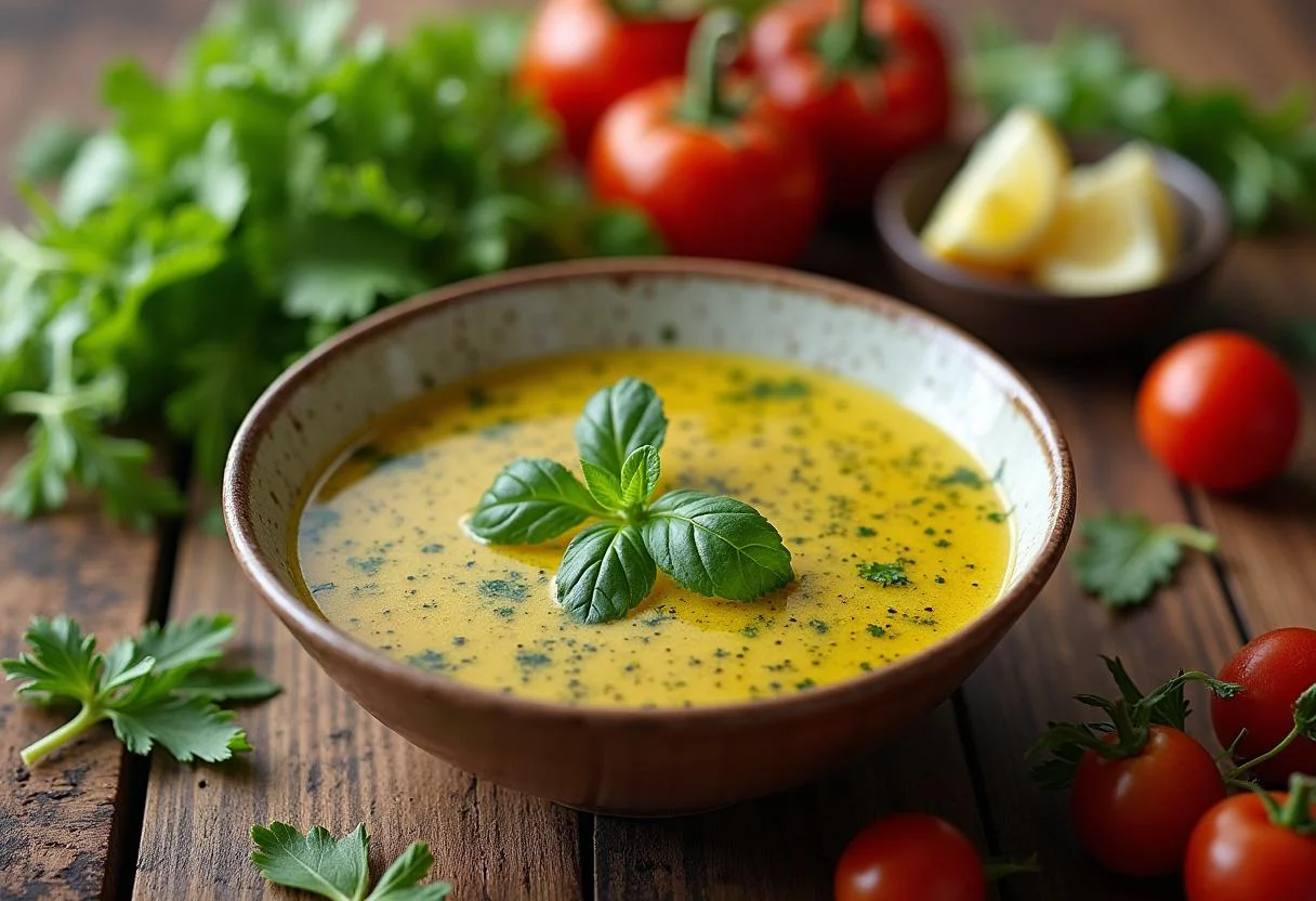 Vinaigrette au citron prête à être servie avec une belle salade colorée.