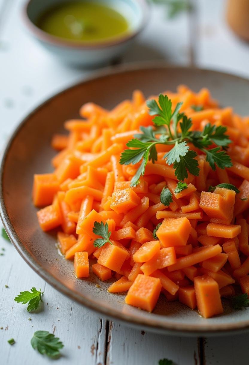 Assiette de carottes râpées avec vinaigrette simple, une présentation appétissante de la recette dans un cadre rustique.