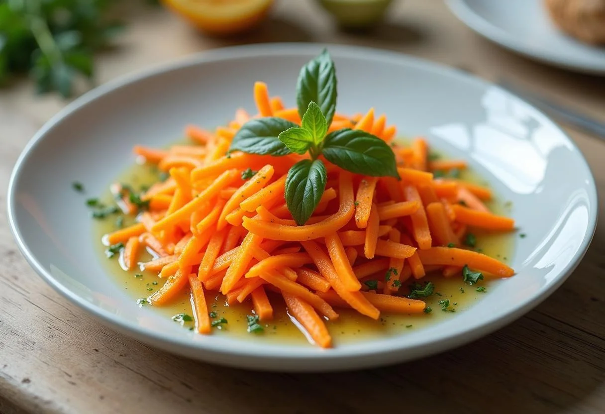 Assiette de carottes râpées avec vinaigrette simple, une présentation appétissante de la recette dans un cadre rustique.