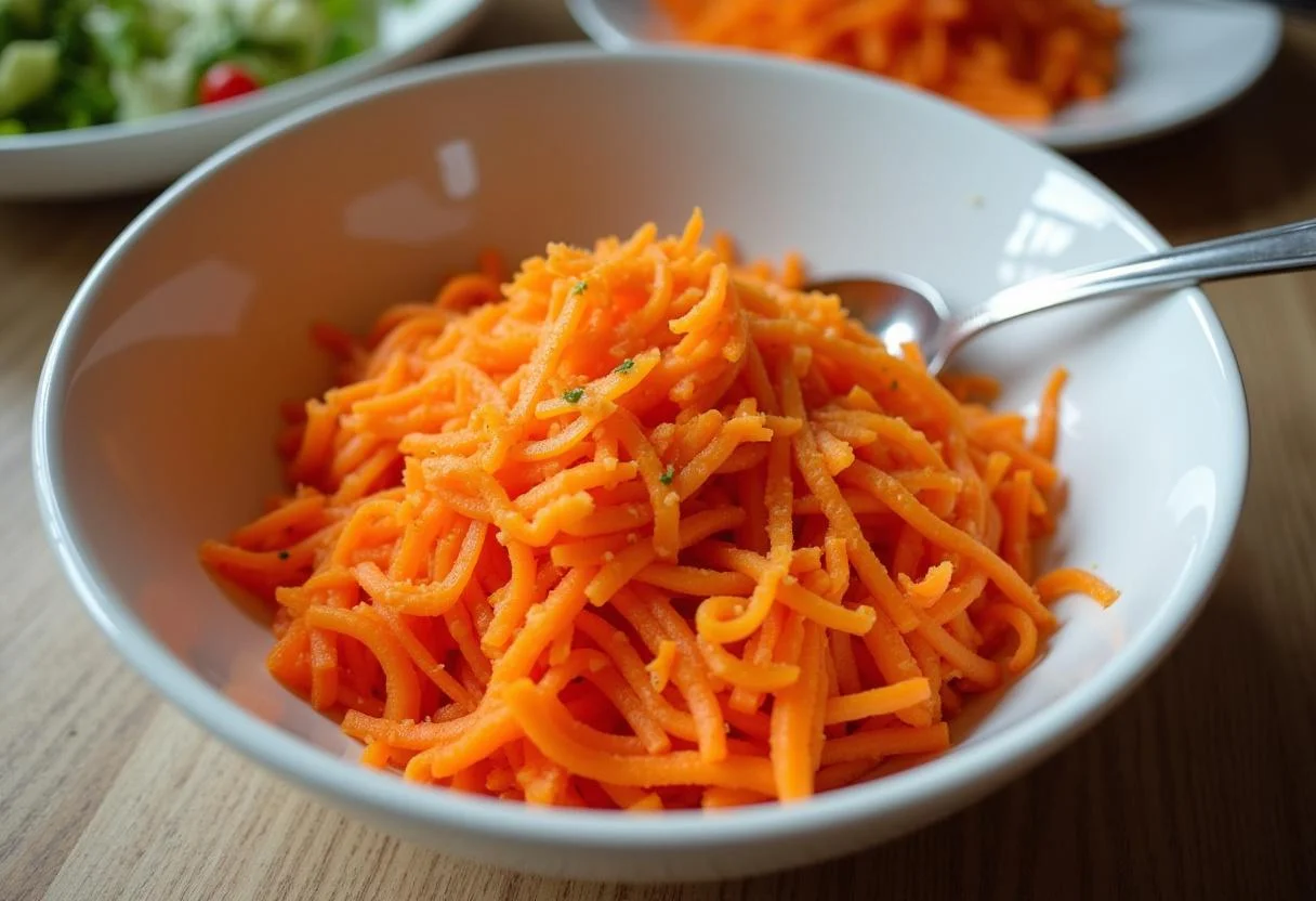 Bols de carottes râpées recouvertes de vinaigrette, une vue tentante de la préparation d'une vinaigrette simple pour une salade croquante.