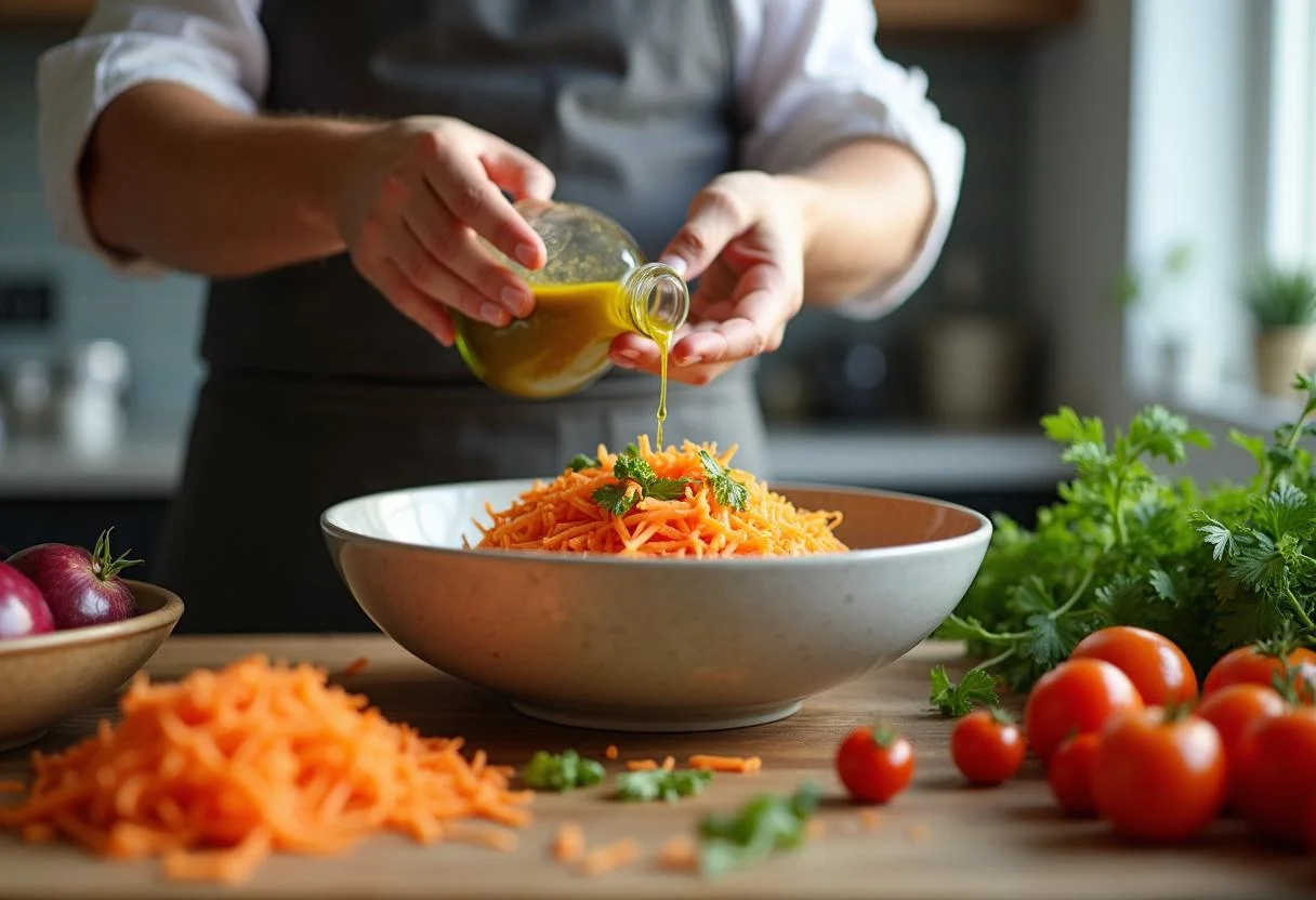 Chef versant la vinaigrette sur des carottes râpées, une image dynamique de la préparation d'une vinaigrette simple.