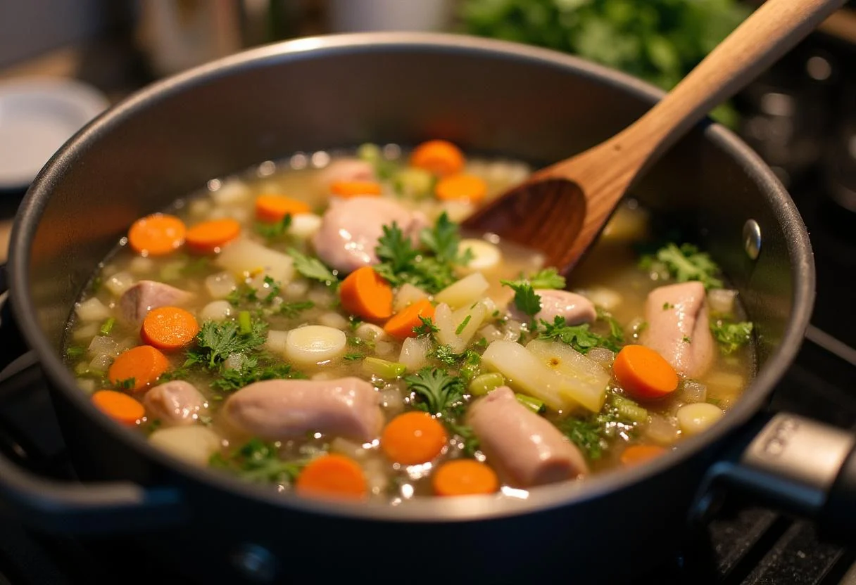 Préparation de la recette facile de Waterzooi de Poulet Traditionnel de Gand avec du poulet, des légumes frais et des herbes aromatiques.
