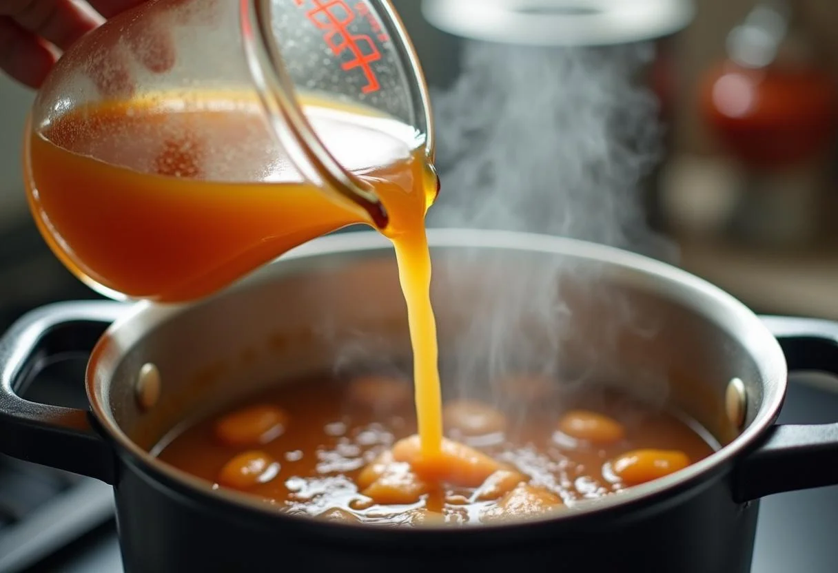 Ajout de bouillon dans la préparation de Waterzooi de Poulet Traditionnel de Gand, révélant une recette facile et parfumée.