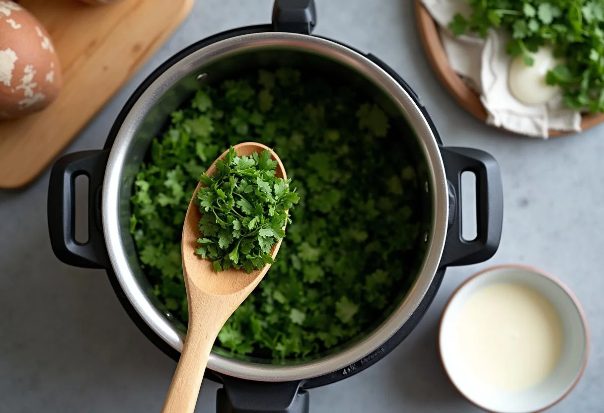 Préparation des ingrédients frais et de la crème pour finir la recette facile de Waterzooi de Poulet Traditionnel de Gand.