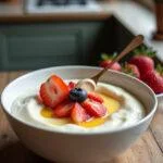 Un bol de yaourt crémeux orné de fruits frais et de miel, illustrant le résultat délicieux de la recette de yaourt ou de fromage blanc.