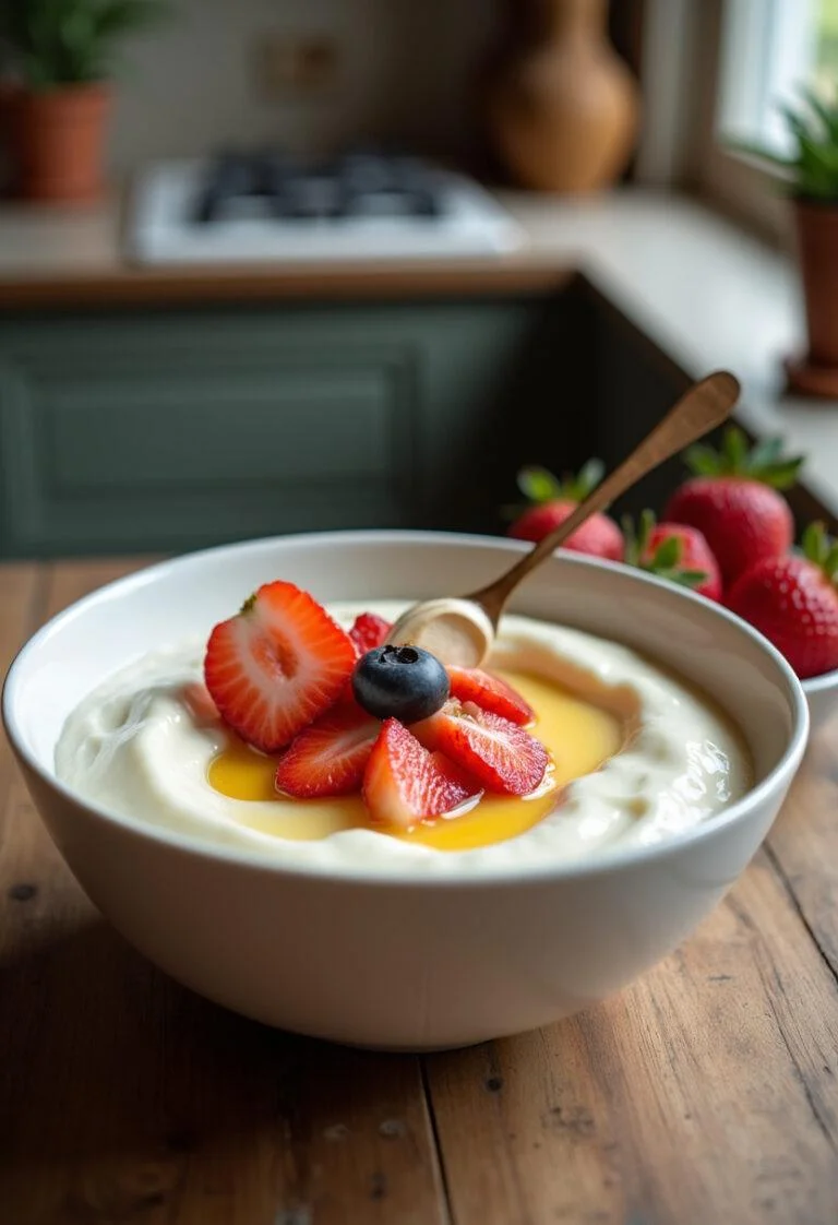 Un bol de yaourt crémeux orné de fruits frais et de miel, illustrant le résultat délicieux de la recette de yaourt ou de fromage blanc.