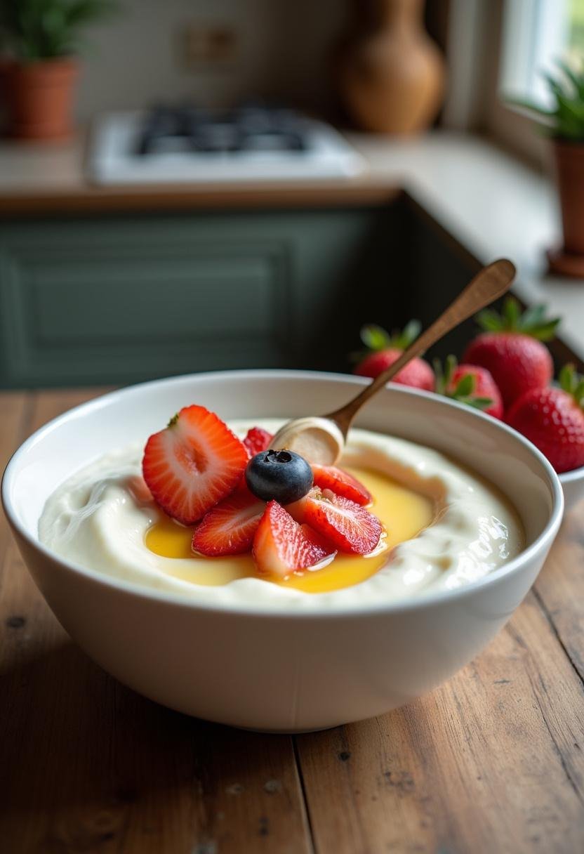 Un bol de yaourt crémeux orné de fruits frais et de miel, illustrant le résultat délicieux de la recette de yaourt ou de fromage blanc.