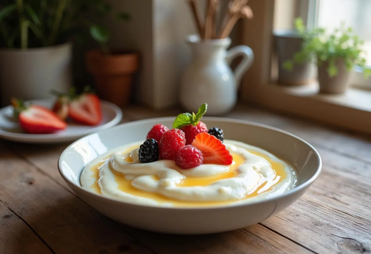 Un bol de yaourt crémeux orné de fruits frais et de miel, illustrant le résultat délicieux de la recette de yaourt ou de fromage blanc.