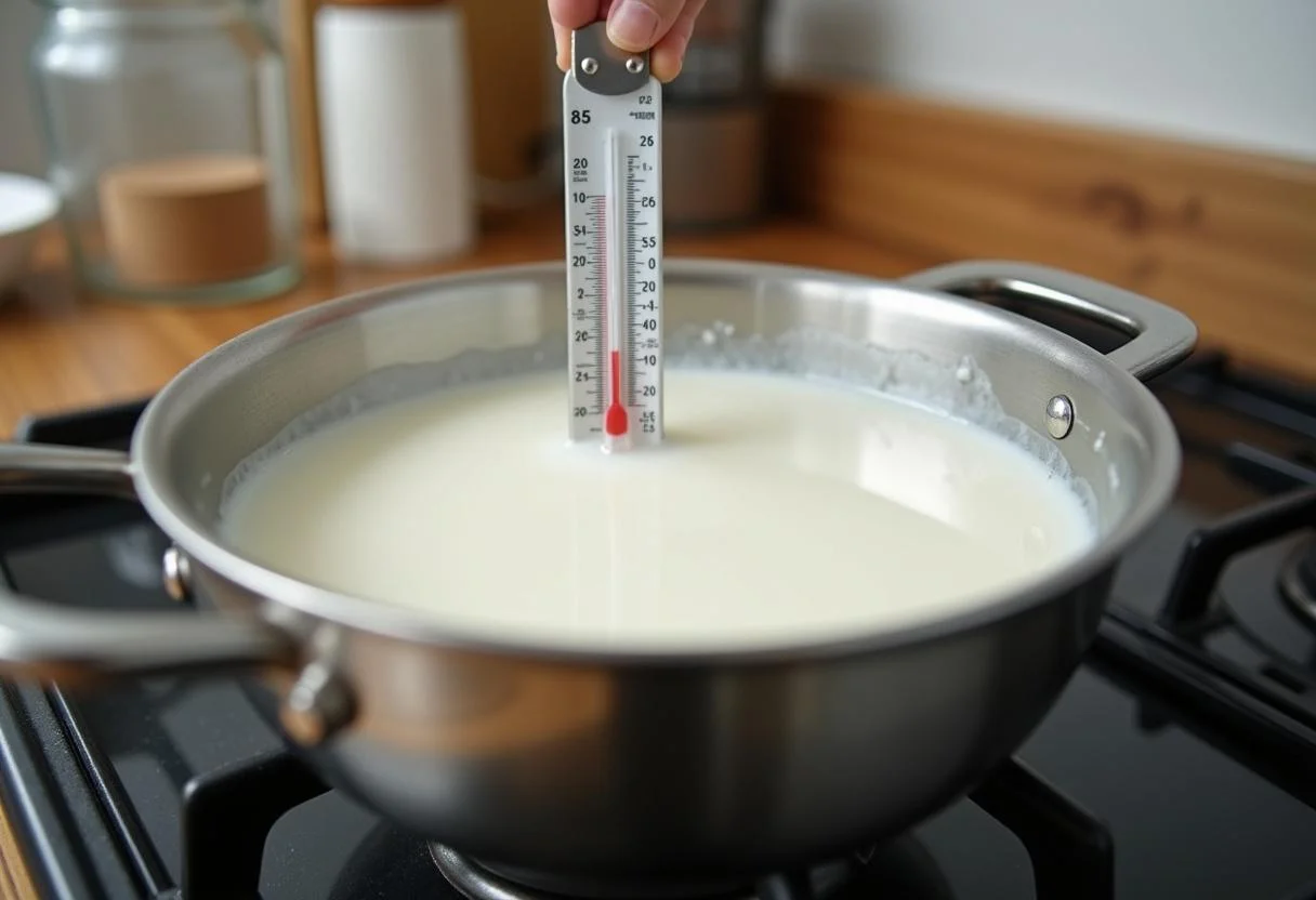 Un bol de lait frais chauffé sur un feu, illustrant la préparation pour faire du fromage blanc ou du yaourt.