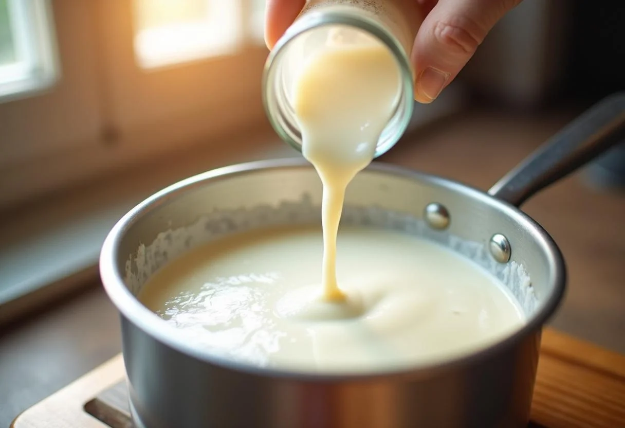 Ajout d'une culture de départ dans du lait chaud, une étape essentielle pour créer yaourt ou fromage blanc.