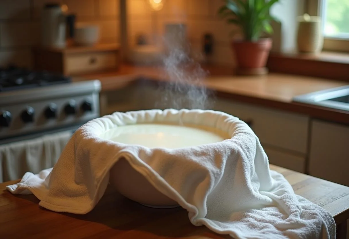 Bol de lait couvert présentant un processus de fermentation pour la recette de yaourt ou de fromage blanc.