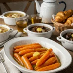 Stylishly served Carottes Vichy Beurrées on a dining table, perfect for French cuisine enthusiasts.