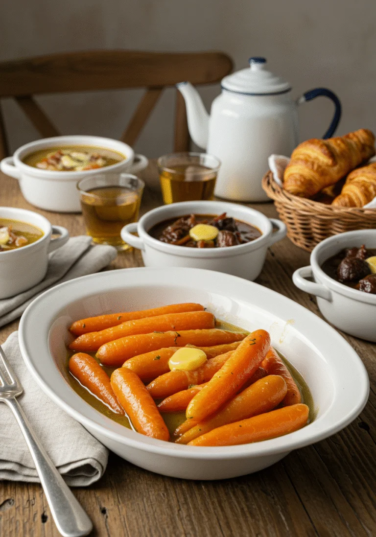 Stylishly served Carottes Vichy Beurrées on a dining table, perfect for French cuisine enthusiasts.