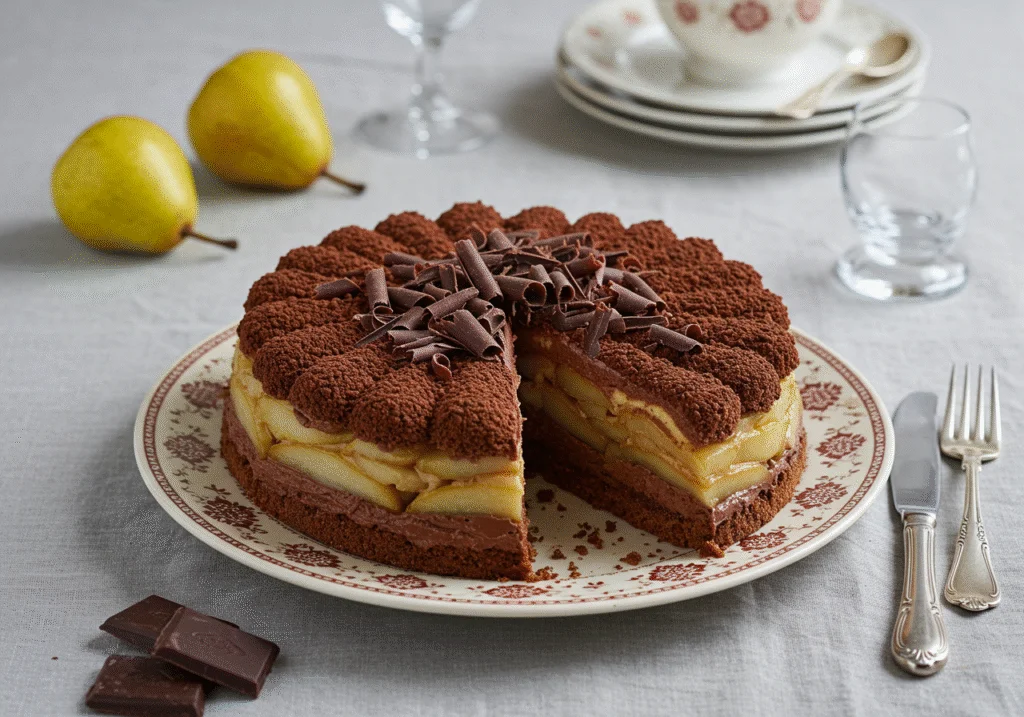 Présentation de la Charlotte Poire Chocolat sur une assiette décorative, mettant en valeur les couches de chocolat et de poire.