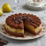 Présentation de la Charlotte Poire Chocolat sur une assiette décorative, mettant en valeur les couches de chocolat et de poire.
