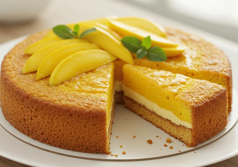 Un gâteau à la mangue exotique fini, décoré de tranches de mangue fraîches et de feuilles de menthe, prêt à être servi.