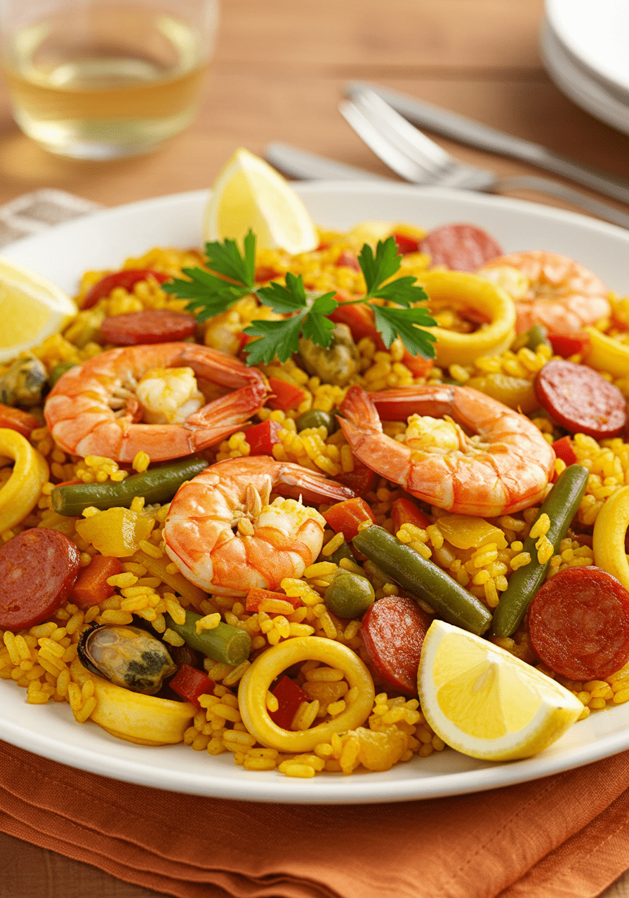 Finished Paella Française, colorful and garnished, ideal for a French culinary feast.