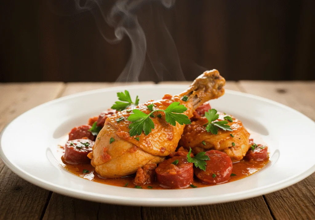 Présentation du plat final de poulet savoureux au chorizo, assiette garnie, recette cookeo attrayante et délicieuse.